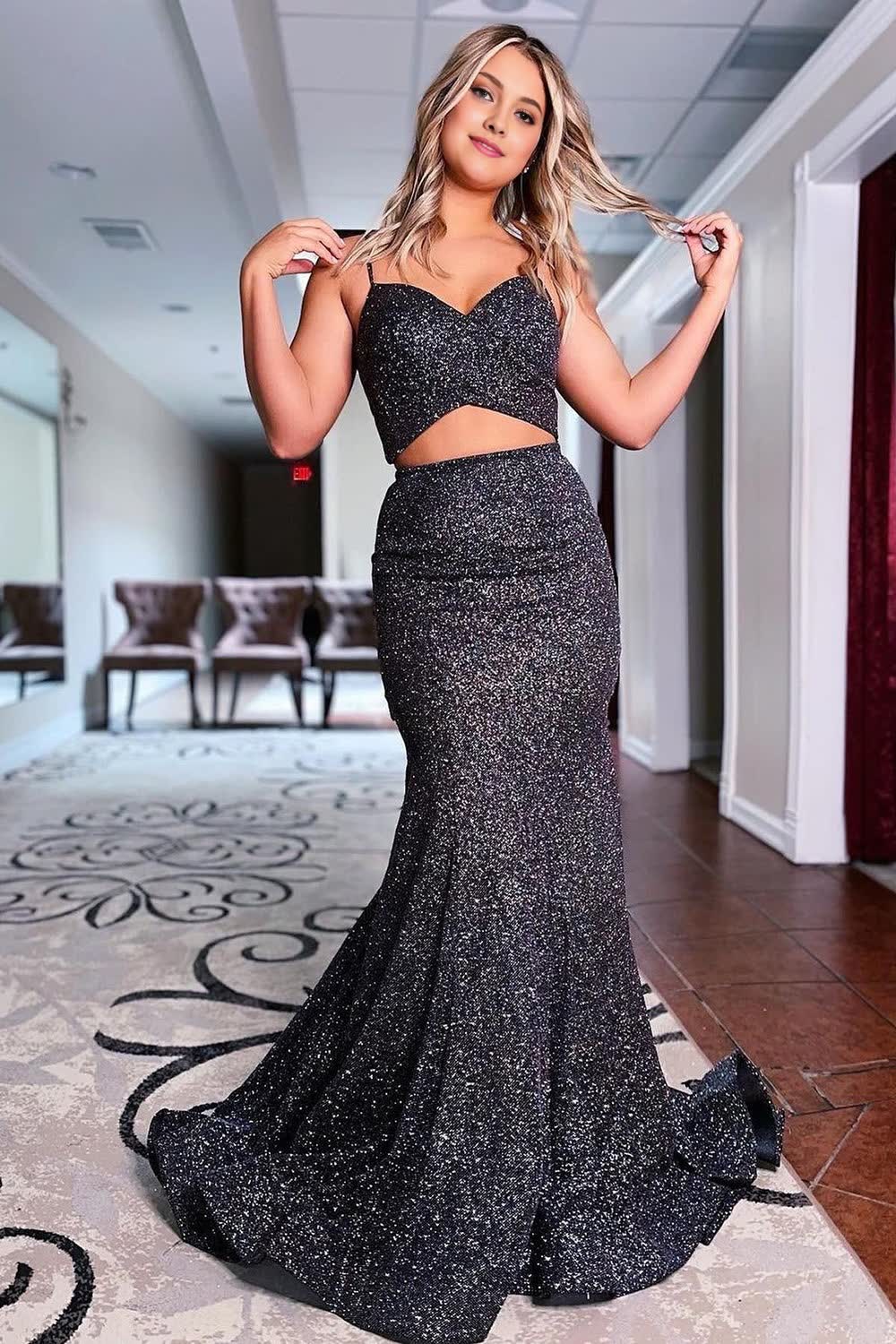 Black Spaghetti Straps Sequins Hollow-Out Mermaid Prom Dress