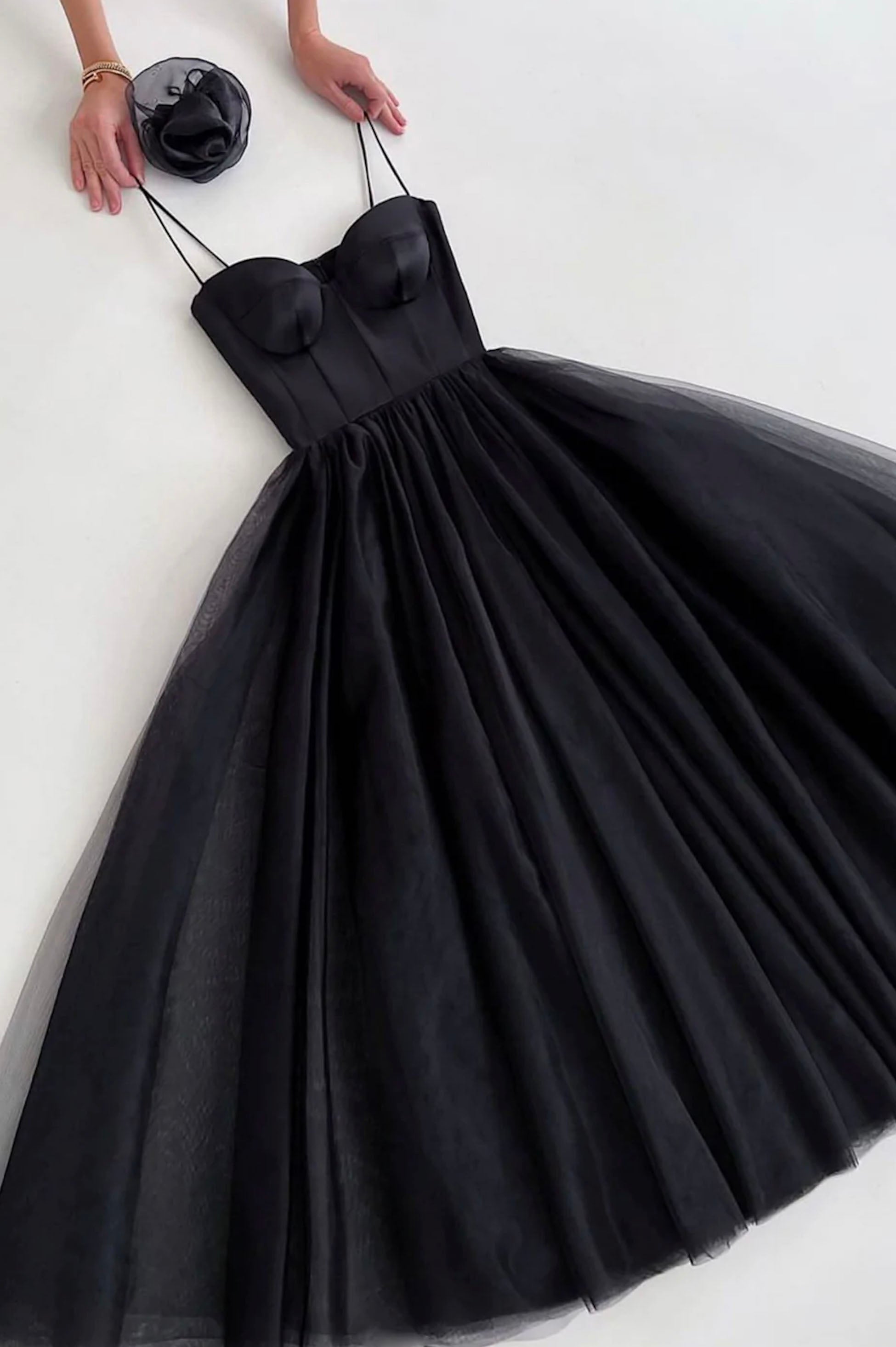 Prom Outfit, Black Spaghetti Tulle Short Prom Dress, Black Homecoming Party Dress