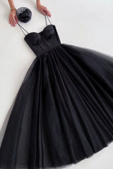 Prom Outfit, Black Spaghetti Tulle Short Prom Dress, Black Homecoming Party Dress