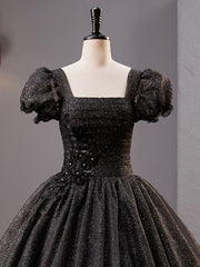Homecoming Dresses Bodycon, Black Square Neckline Tulle Long Prom Dresses, Shiny Tulle Black Evening Dress