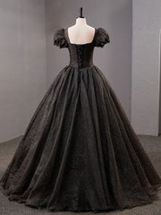 Homecomming Dress Black, Black Square Neckline Tulle Long Prom Dresses, Shiny Tulle Black Evening Dress