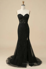 Bridesmaid Dresses Quick Shipping, Black Strapless Lace-Up Appliques Long Prom Dress with Slit