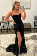 Black Strapless Sequins Prom Dress with Slit