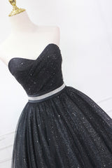 Prom Dress Fabric, Black Strapless Shiny Tulle Tea Length Prom Dress, Black A-Line Homecoming Dress