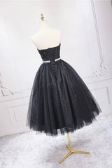 Prom Dresses Boutique, Black Strapless Shiny Tulle Tea Length Prom Dress, Black A-Line Homecoming Dress