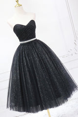 Prom Dress Boutiques, Black Strapless Shiny Tulle Tea Length Prom Dress, Black A-Line Homecoming Dress
