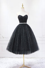 Prom Dress Idea, Black Strapless Shiny Tulle Tea Length Prom Dress, Black A-Line Homecoming Dress