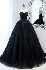 Party Dresses Outfits, Black Strapless Tulle Long A-Line Prom Dress, Black Formal Evening Gown