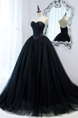 Party Dress Classy, Black Strapless Tulle Long A-Line Prom Dress, Black Formal Evening Gown