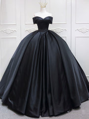 Formal Dresses Wedding Guest, Black Sweetheart Neck Satin Long Prom Gown, Black Sweet 16 Dress