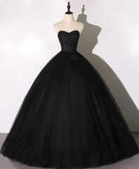 Formal Dresses Shops, Black Sweetheart Neck Tulle Long Prom Dress Black Evening Dress