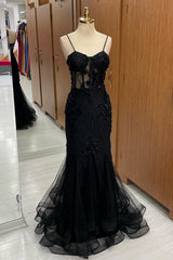 Prom Dress Burgundy, Black Sweetheart Straps Mermaid Appliques Tulle Long Prom Dress