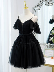 Prom Dresses Long With Slit, Black Sweetheart Straps Tulle Homecoming Dress, Black Off Shoulder Prom Dress