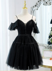 Prom Dress Long With Slit, Black Sweetheart Straps Tulle Homecoming Dress, Black Off Shoulder Prom Dress