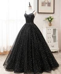 Dress Ideas, Black Sweetheart Straps Tulle Long Evening Gown, Sleeveless Floor-Length Prom Dresses