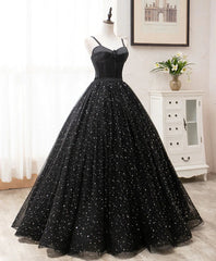 Functional Dress, Black Sweetheart Straps Tulle Long Evening Gown, Sleeveless Floor-Length Prom Dresses