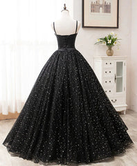 Tulle Dress, Black Sweetheart Straps Tulle Long Evening Gown, Sleeveless Floor-Length Prom Dresses