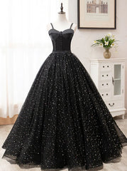 White Dress Outfit, Black Sweetheart Straps Tulle Long Evening Gown, Sleeveless Floor-Length Prom Dresses