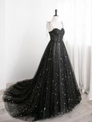 Evening Dress Princess, Black Sweetheart Tulle Straps Long Formal Dress, Black Evening Party Dresses