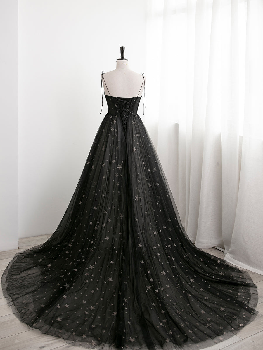 Evening Dress Long Elegant, Black Sweetheart Tulle Straps Long Formal Dress, Black Evening Party Dresses