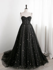 Evening Dresses 2024, Black Sweetheart Tulle Straps Long Formal Dress, Black Evening Party Dresses