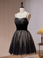 Prom Dresses Photos Gallery, Black Tulle and Lace Straps Short Party Dress, Black Homecoming Dress