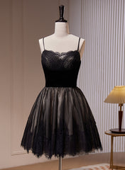 Prom Dress Long Open Back, Black Tulle and Lace Straps Short Party Dress, Black Homecoming Dress
