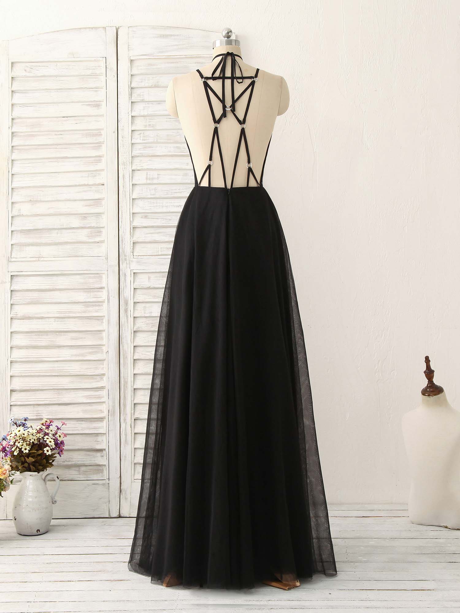 Party Dress For Wedding, Black Tulle Backless Long Prom Dress, Black Evening Dress