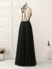 Party Dresses For Wedding, Black Tulle Backless Long Prom Dress, Black Evening Dress