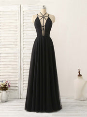 Party Dress Top, Black Tulle Backless Long Prom Dress, Black Evening Dress