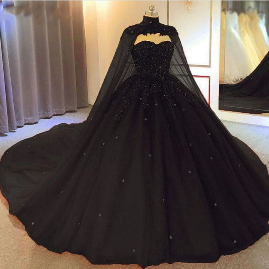 Wedding Dress Long, Black Tulle Ball Gown Wedding Party Dress with Cap, Black Lace Formal Gown