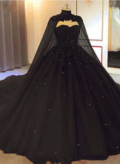 Wedding Dresses Under 1000, Black Tulle Ball Gown Wedding Party Dress with Cap, Black Lace Formal Gown