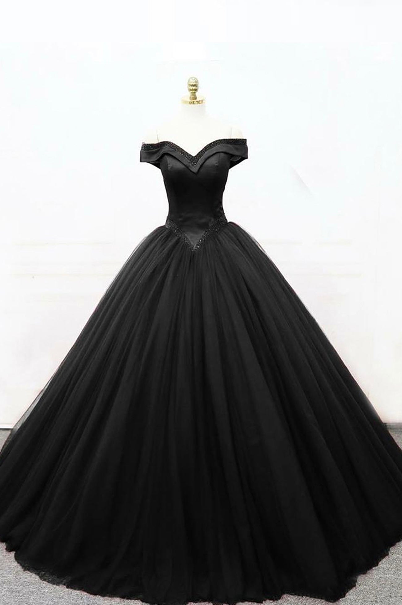 Prom Dress Website, Black Tulle Beaded Long Ball Gown, A-Line Off the Shoulder Evening Formal Gown