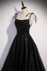 Prom Dress Gown, Black Tulle Beaded Long Prom Dress, A-Line Spaghetti Straps Evening Dress