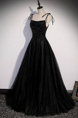 Prom Dresses Gown, Black Tulle Beaded Long Prom Dress, A-Line Spaghetti Straps Evening Dress