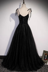Prom Dresses Gowns, Black Tulle Beaded Long Prom Dress, A-Line Spaghetti Straps Evening Dress
