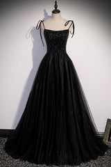 Prom Dress Tight, Black Tulle Beaded Long Prom Dress, A-Line Spaghetti Straps Evening Dress