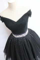 Bridesmaid Dresses Shop, Black Tulle Beaded Short Prom Dress, Off Shoulder Evening Party Dress