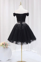 Bridesmaid Dress Shopping, Black Tulle Beaded Short Prom Dress, Off Shoulder Evening Party Dress