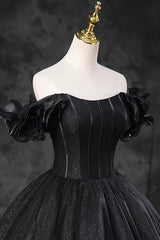 Homecoming Dress Pockets, Black Tulle Floor Length A-Line Prom Dress, Off the Shoulder Evening Party Dress
