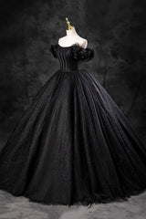 Homecoming Dress Sparkles, Black Tulle Floor Length A-Line Prom Dress, Off the Shoulder Evening Party Dress