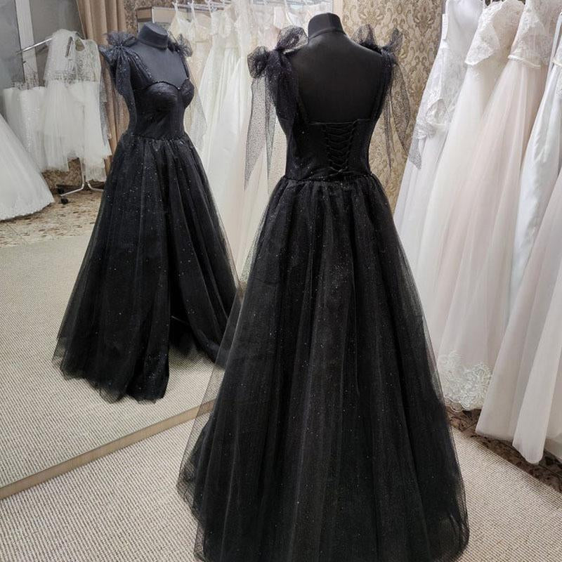 Formal Dress Simple, Black Tulle Floor Length Long Party Dress with Slit, Black Evening Dresses