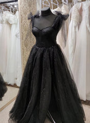 Formal Dresses 2023, Black Tulle Floor Length Long Party Dress with Slit, Black Evening Dresses