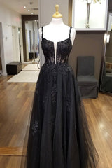 Formal Dresses With Tulle, Black Tulle Lace Long Prom Dress, A-Line Spaghetti Straps Evening Dress