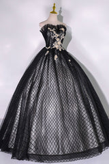 Homecomming Dresses Bodycon, Black Tulle Lace Long Prom Dress, Black A-Line Strapless Evening Gown