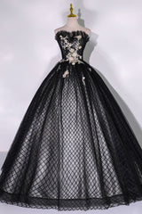 Homecoming Dresses Knee Length, Black Tulle Lace Long Prom Dress, Black A-Line Strapless Evening Gown