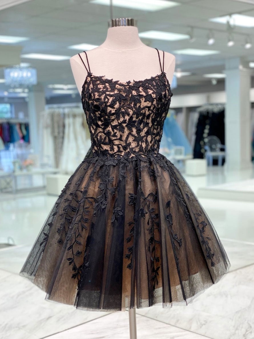 Homecoming Dresses Blue, Black tulle lace short prom dress, black tulle lace homecoming dress