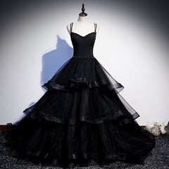 Prom Dresses, Black Tulle Layers Straps Beaded Long Evening Dress, Black Formal Dress Prom Dress