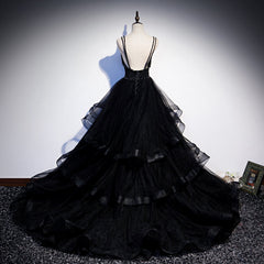 Wedding Dress, Black Tulle Layers Straps Beaded Long Evening Dress, Black Formal Dress Prom Dress