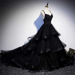 Prom Dress Burgundy, Black Tulle Layers Straps Beaded Long Evening Dress, Black Formal Dress Prom Dress